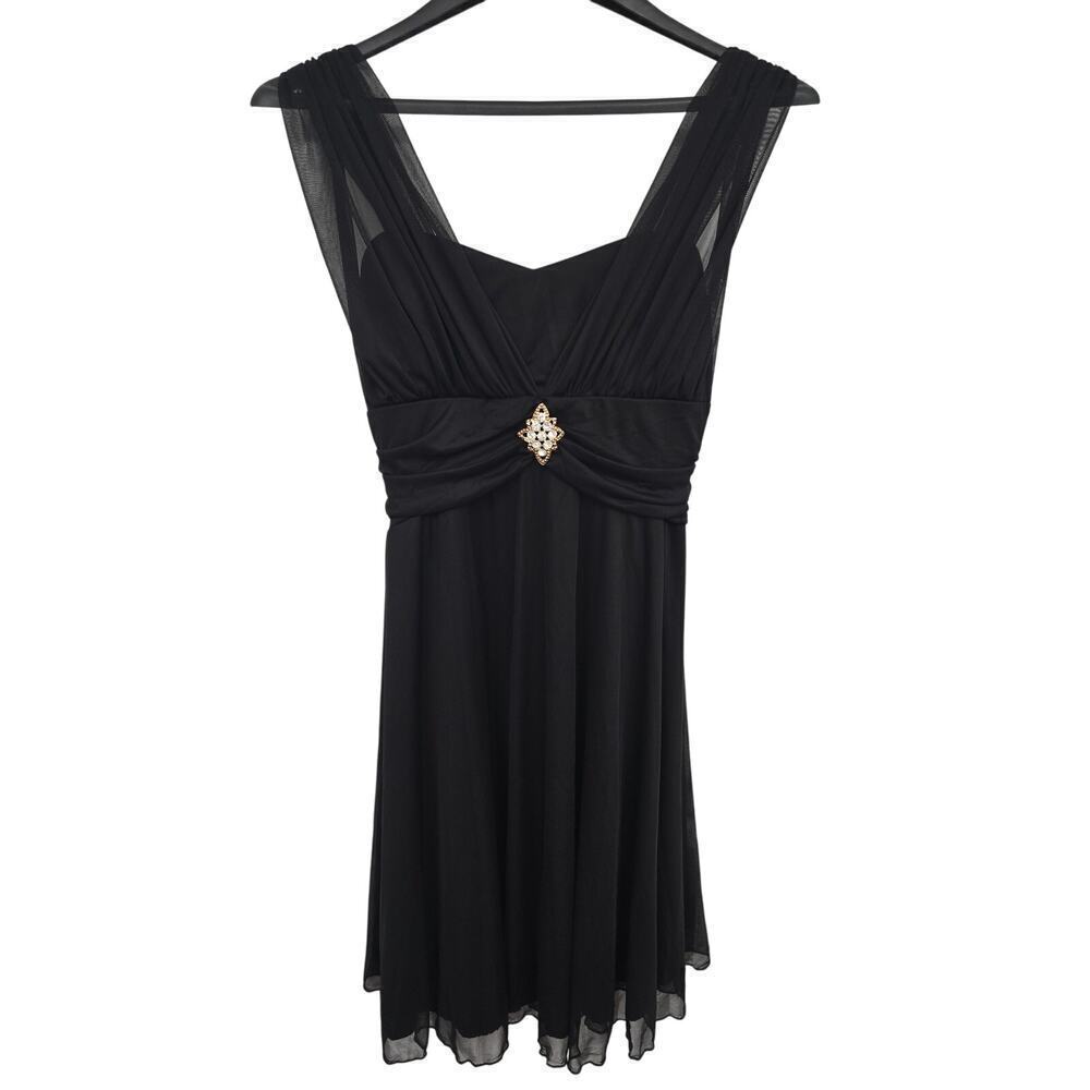 Vintage Rory USA Babydoll Empire Waist Mini Dress 2XL Black Sheer Lined Brooch